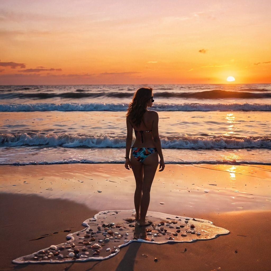 A sun-drenched beach scene featuring a lone figure in a vibrant bikini, standing amidst scattered heart-shaped sunglasses and seashells, with a backdrop of alluring waves and a fading sunset. The scene conveys a bittersweet atmosphere, as droplets of water glisten like tears, and scattered film reels blend into the sandy shore, symbolizing cinematic nostalgia. super-realistic. warm tones. soft focus.