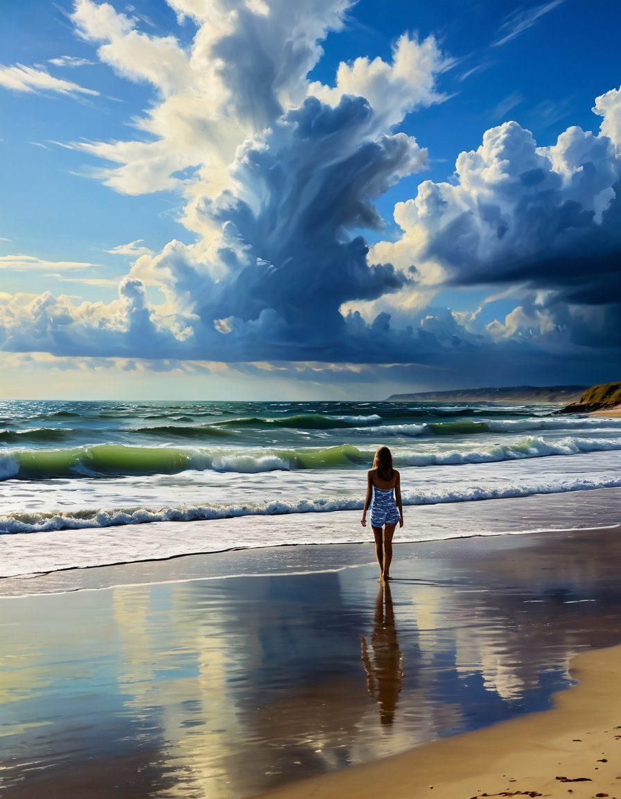 A melancholic beach scene with a solitary figure in bright beachwear, standing at the water's edge under a cloudy sky, contrasting sunlight and shadows. The waves reflect a somber mood, while distant figures enjoy the beach, symbolizing the transition from joy to sadness. Soft, muted colors enhance the emotional depth. impressionist painting. vibrant yet subdued tones.