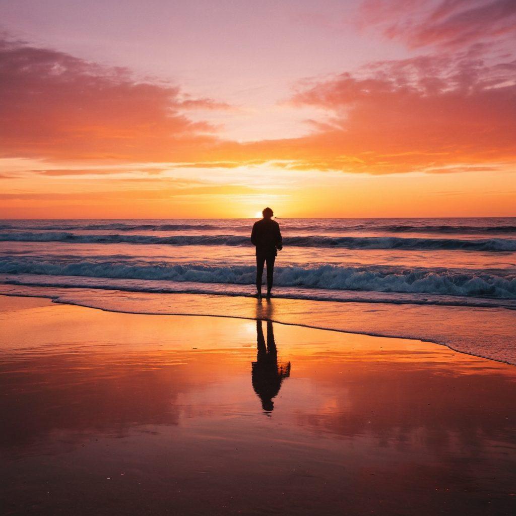 A cinematic sunset over ocean waves, capturing the essence of summer with warm hues of orange and pink reflecting on the water. Silhouettes of a lonely figure on the shore holding a film camera, evoking a sense of nostalgia and heartbreak. Gentle waves lapping at the sand, with a faint overlay of film reel edges to blend the theme of cinema. super-realistic. vibrant colors. soft focus.